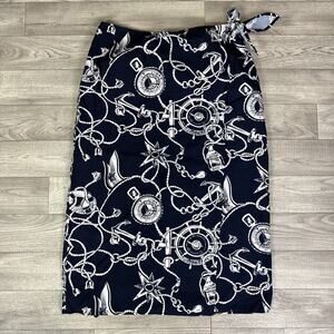 Talbots Nautical Print Side Tie Wrap Midi Skirt Navy Blue sz 14 Petite